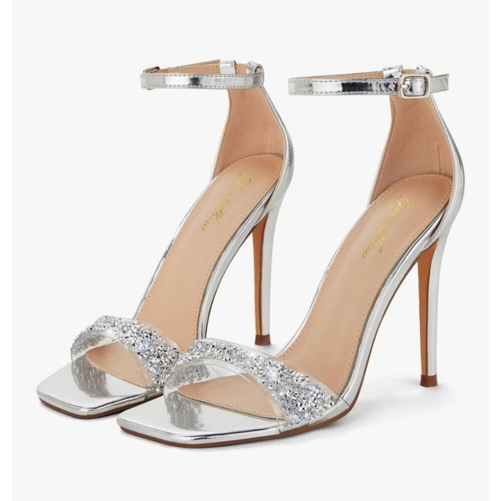 Womens Silver 8.5" Glitter Stiletto 4" Strappy High Heels Sandal Ankle Strap
